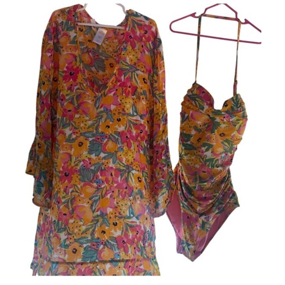 Anne Cole Swimsuit + Cover Up Set Womens 10 M Floral Ruched One Piece Excellent!